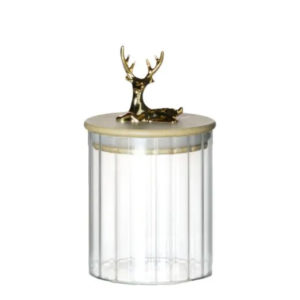 Bocal en verre avec couvercle en bois motif cerf – 10,5 cm