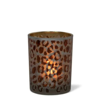 Photophore en verre motif léopard 10 cm – bougie allumée